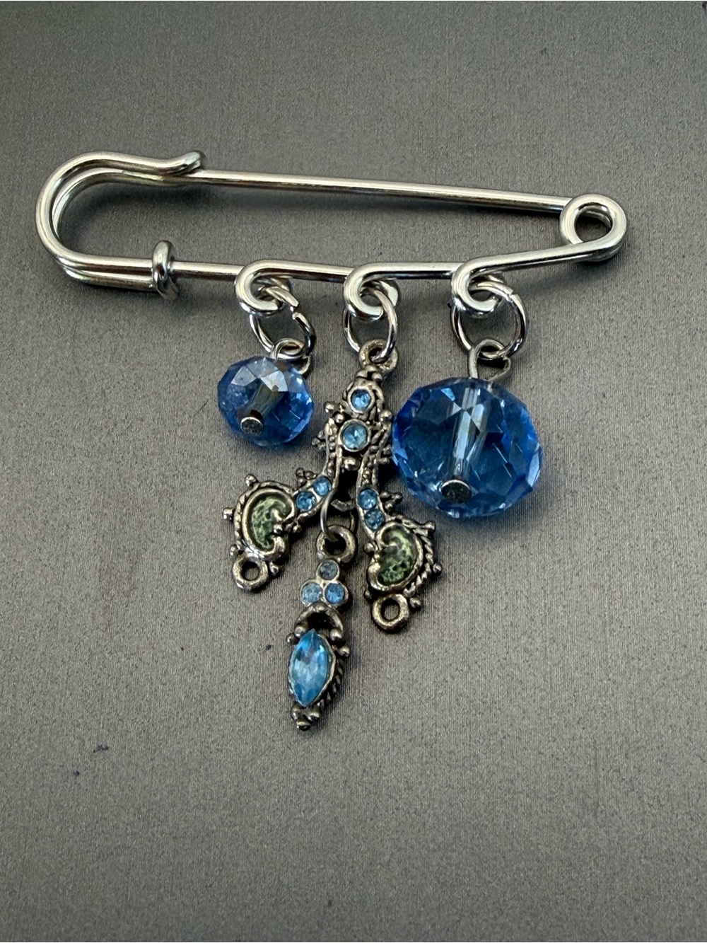 Blue Crystal Fleur de Lis Dangle Charm Safety Pin Brooch